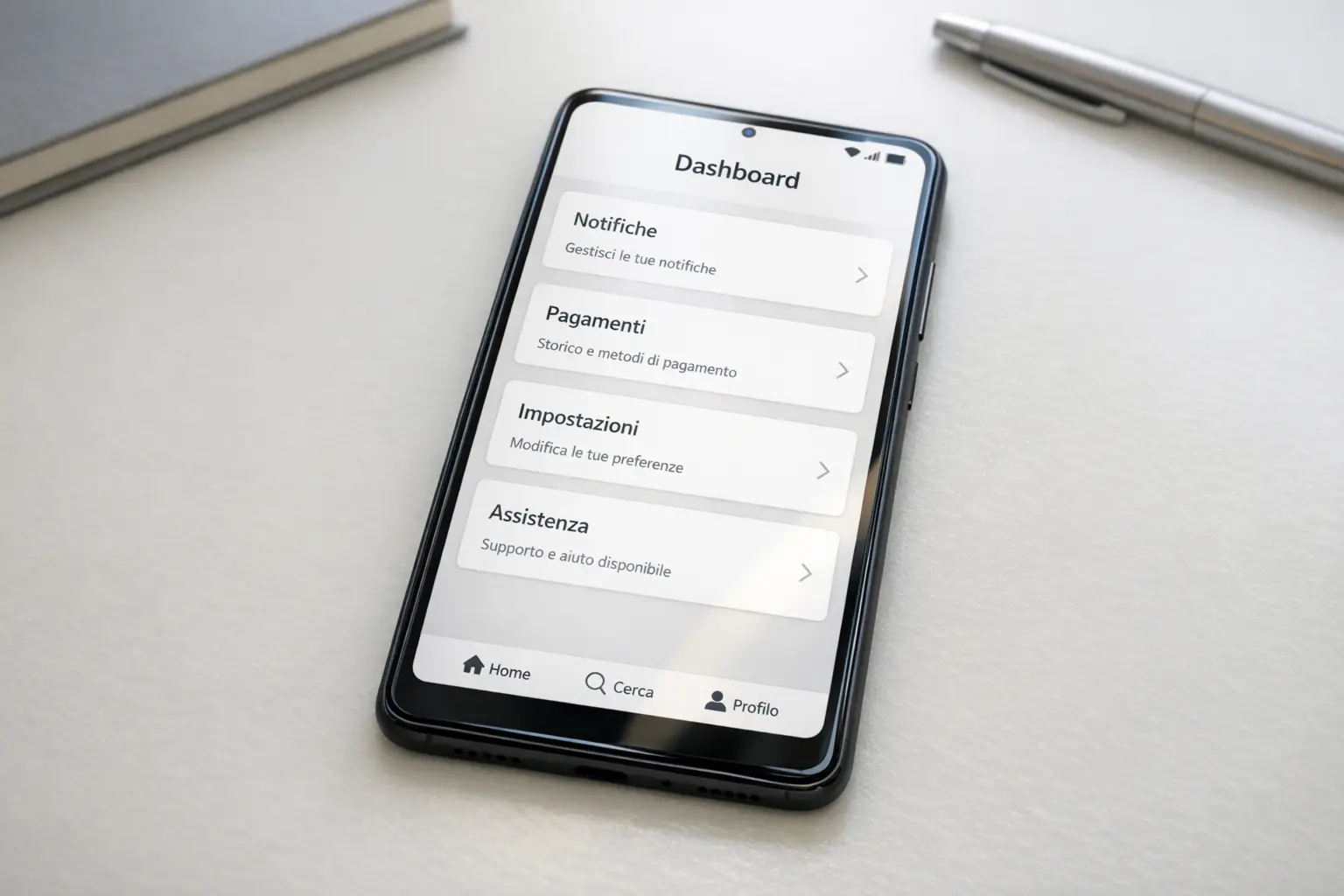 Smartphone Android su una scrivania con schermo acceso