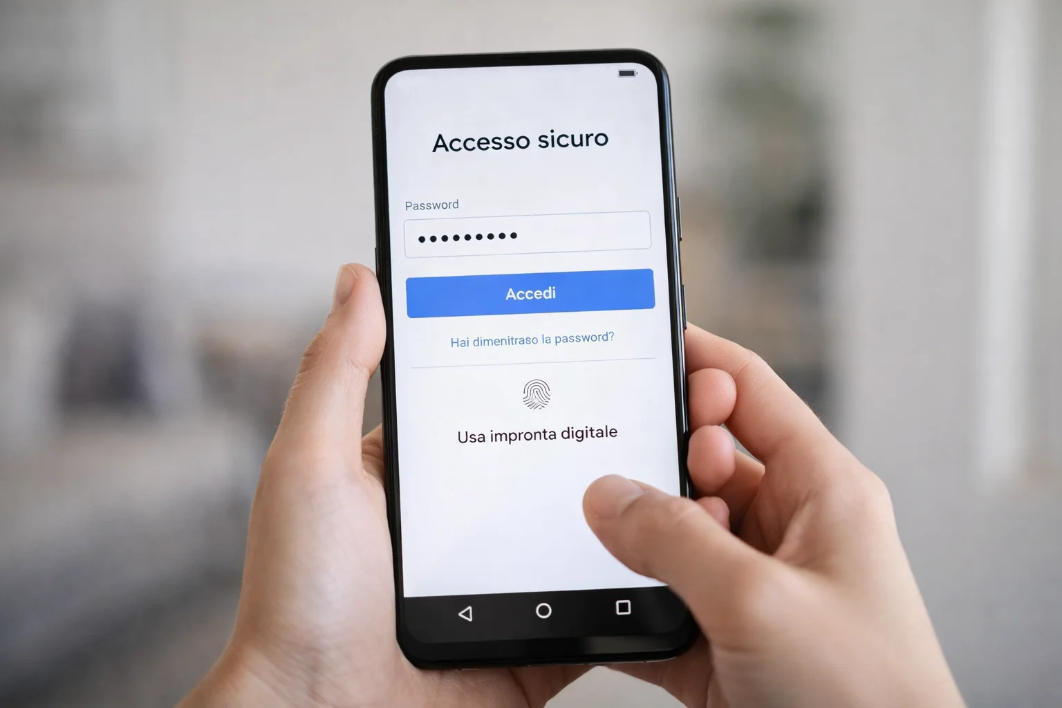 Mani che tengono uno smartphone con schermata di accesso sicuro