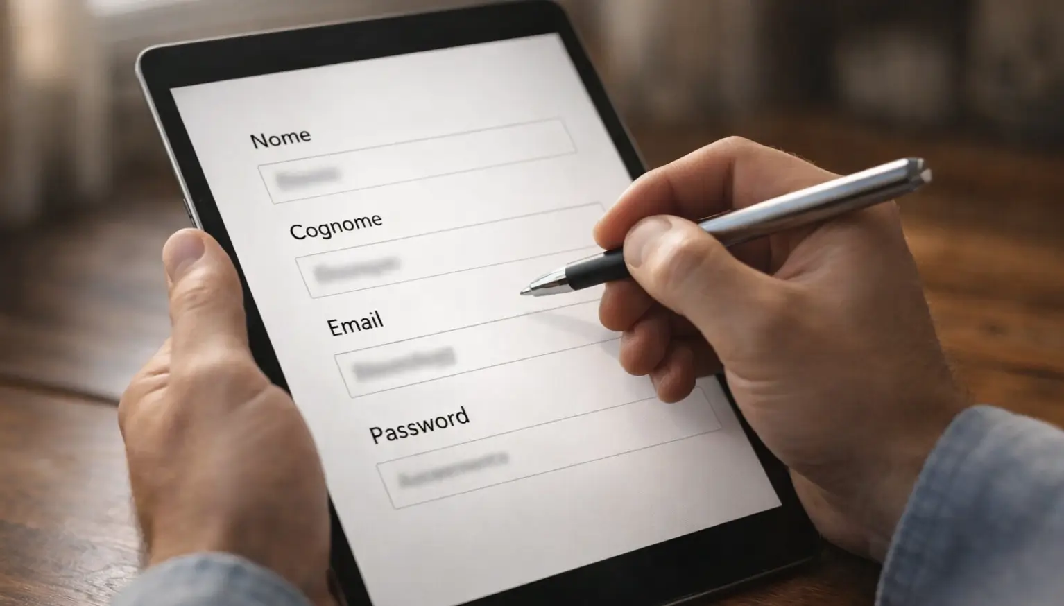 Persona che compila un modulo di registrazione su tablet