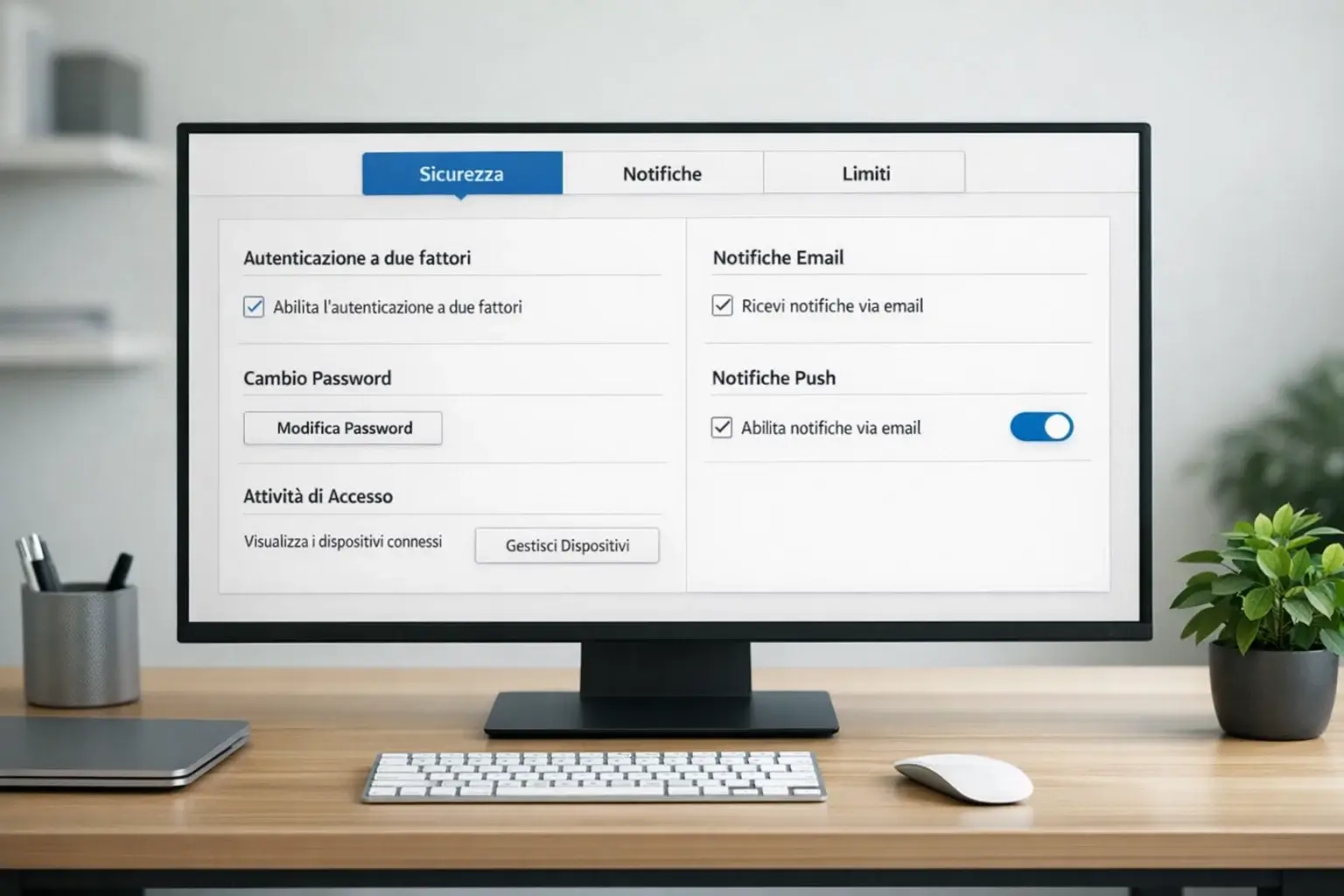 Schermata di impostazioni account su monitor con checklist di sicurezza