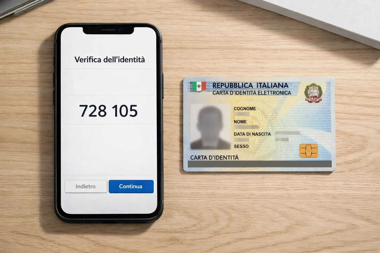 Smartphone con app di autenticazione e carta d'identità su una scrivania