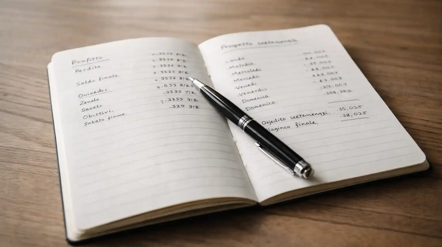 Taccuino aperto con penna su una scrivania ordinata