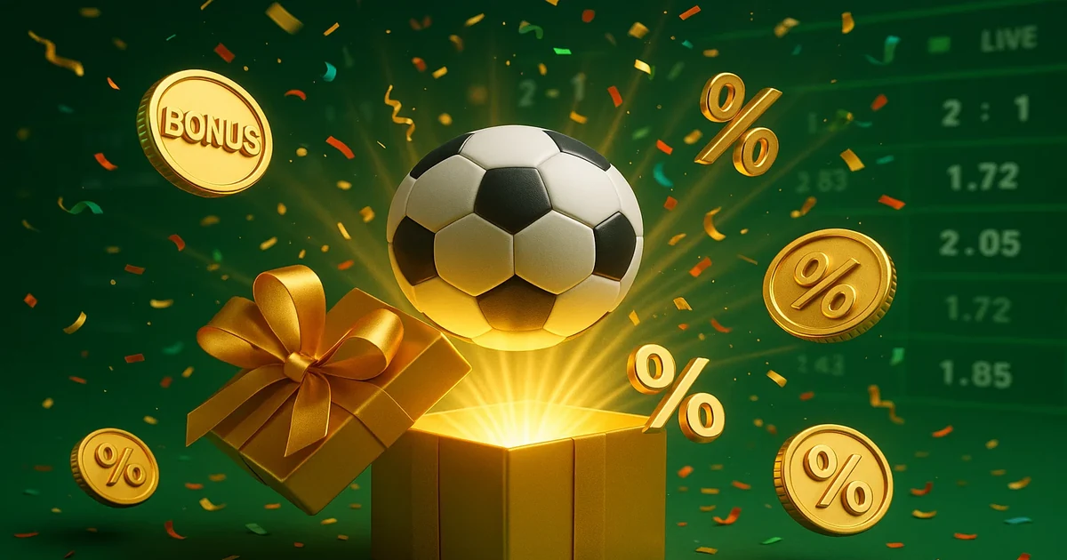 Composizione visiva con bonus di benvenuto, pallone da calcio e simboli promozionali