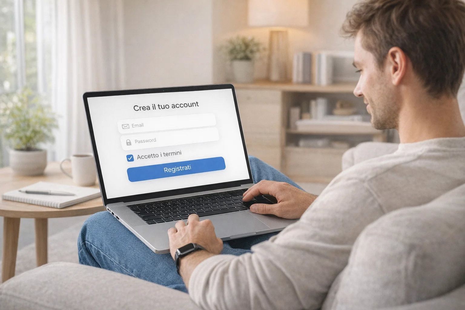 Persona che naviga su un laptop in un ambiente domestico