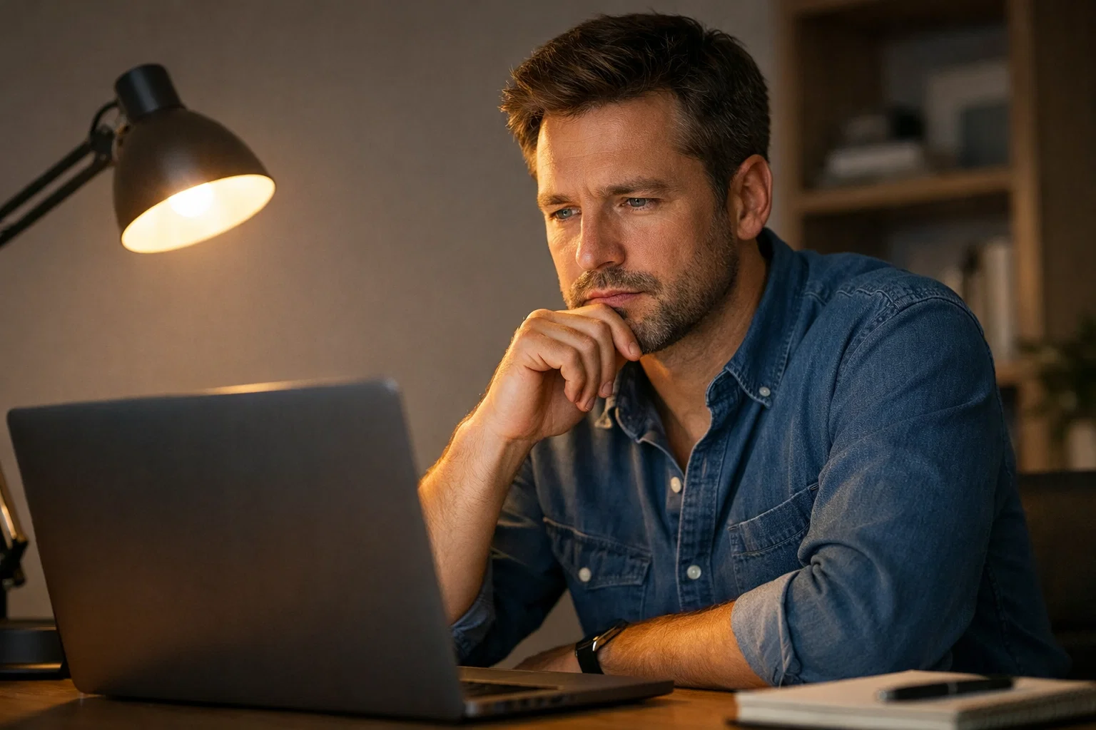 Persona pensierosa che valuta opzioni davanti a un laptop