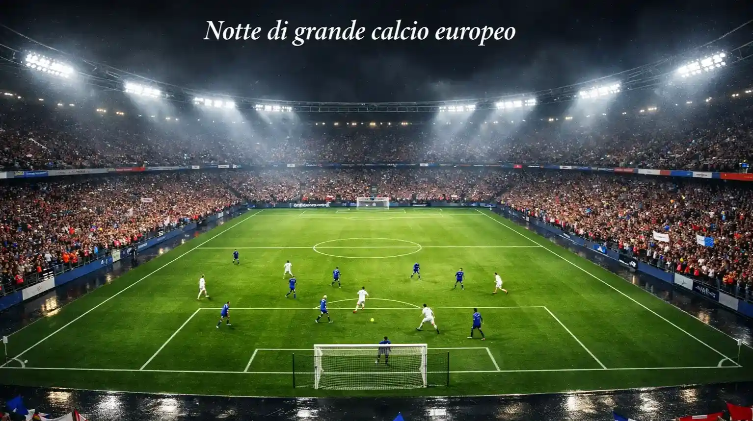 Stadio europeo illuminato di notte durante una grande partita