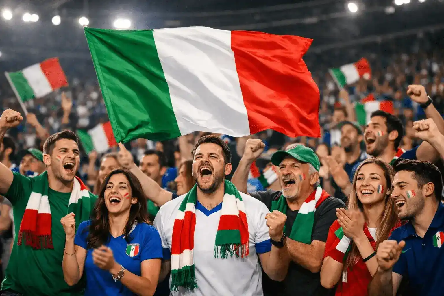 Bandiera italiana sventolata da tifosi in uno stadio europeo