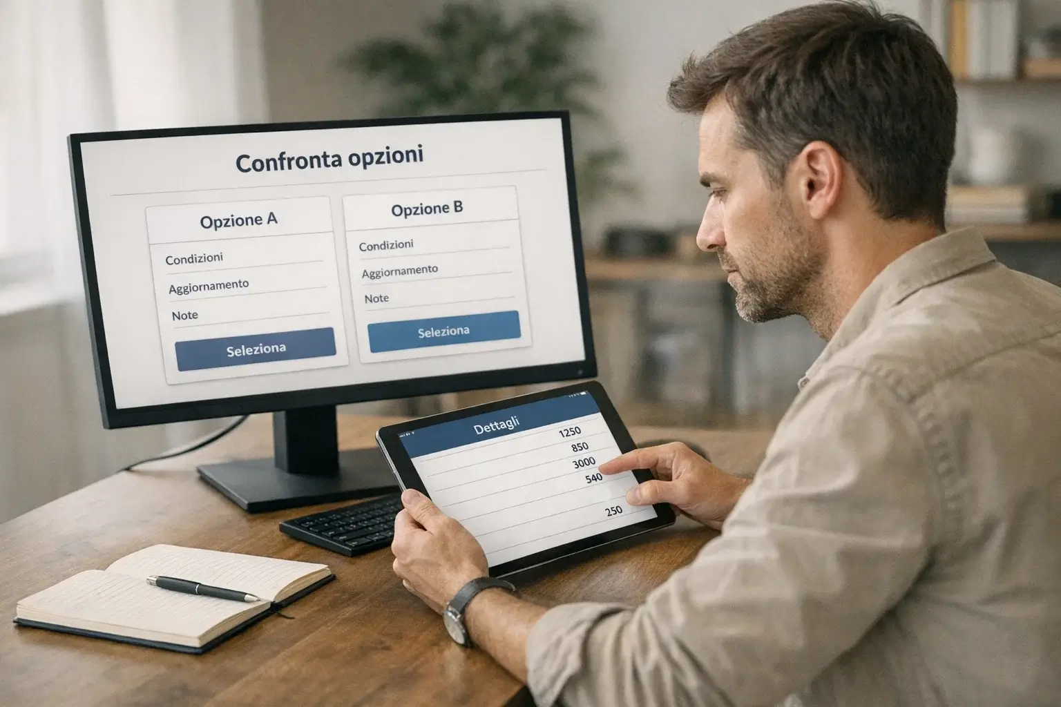 Persona che confronta informazioni su più schermi