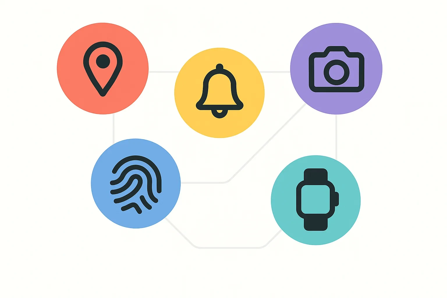 Icone delle funzionalità esclusive mobile: geolocalizzazione, notifiche, biometria