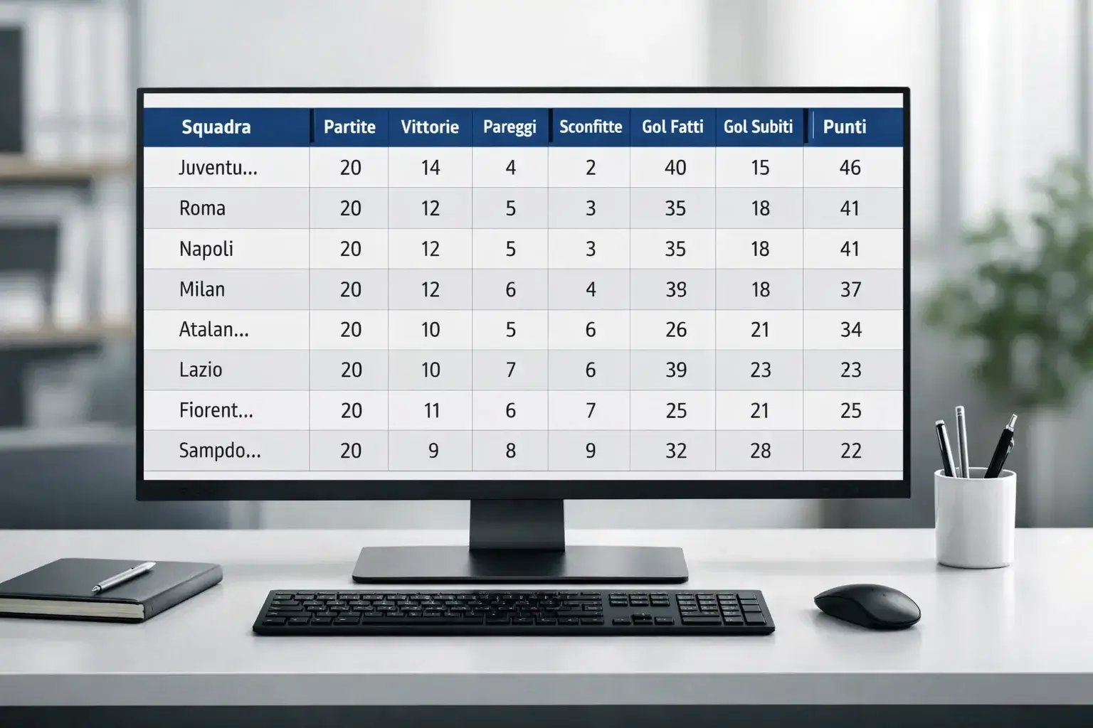 Schermo di computer che mostra una tabella con dati sportivi e statistiche