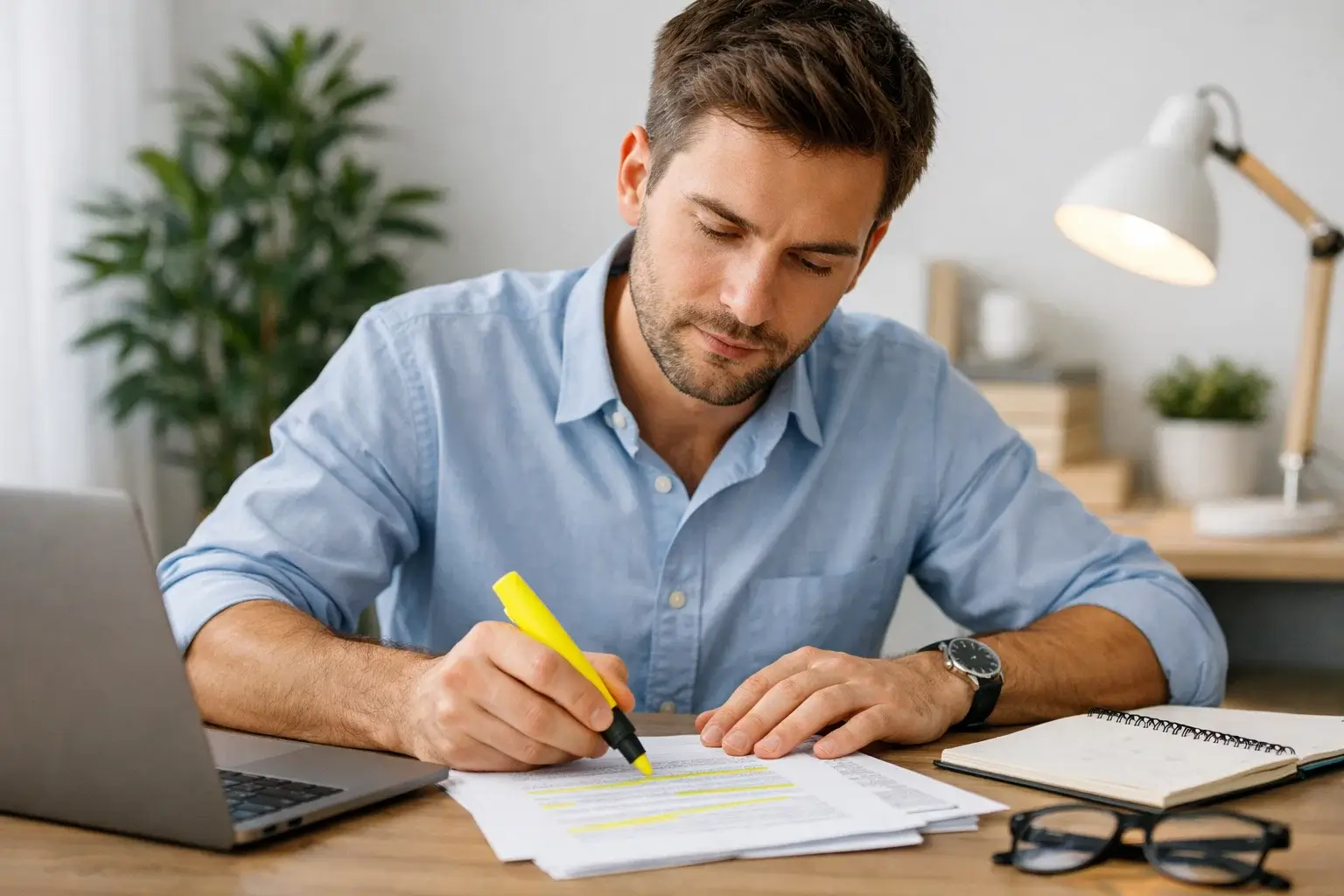 Persona che studia documenti sportivi alla scrivania con evidenziatore