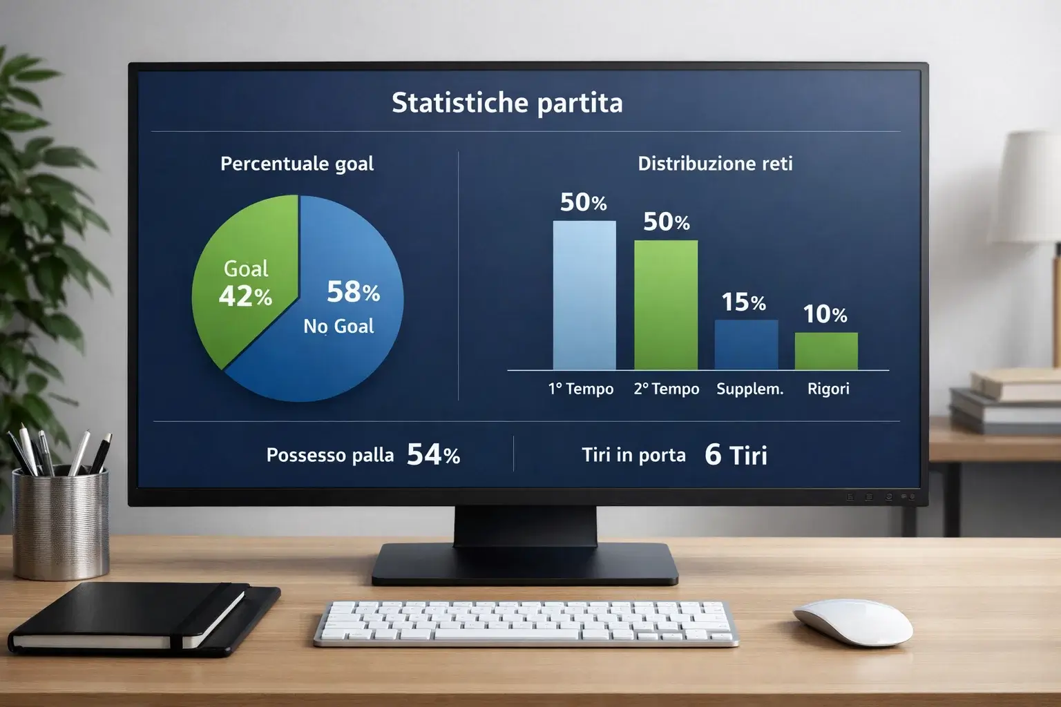 Statistiche di calcio visualizzate su uno schermo con grafici e percentuali