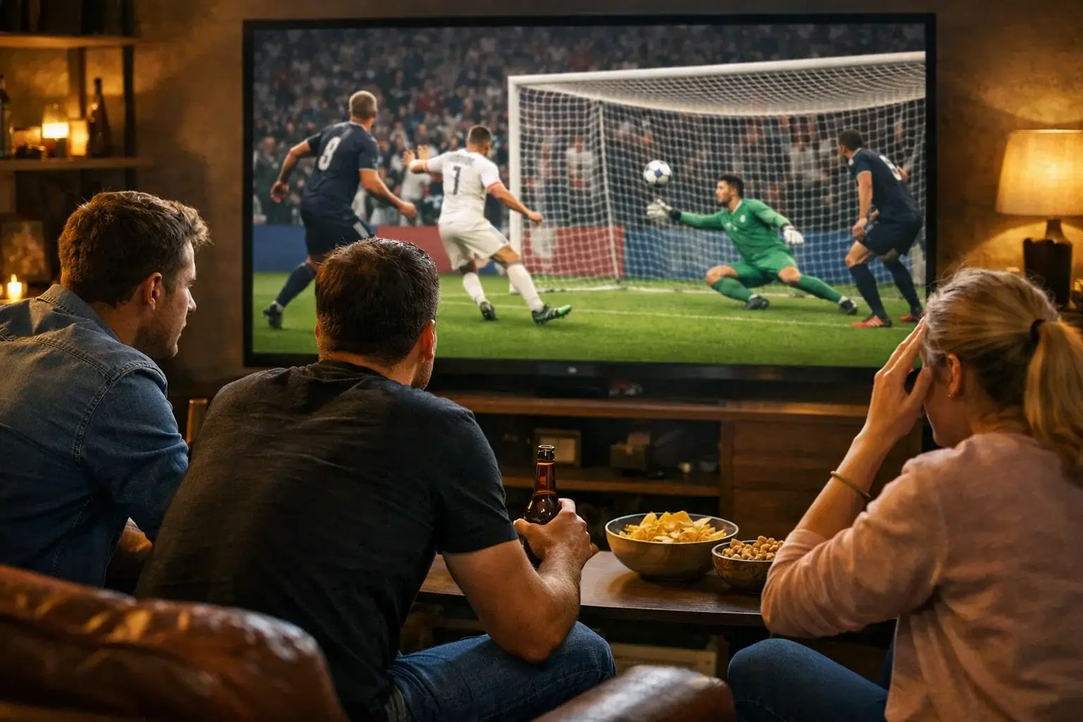 Tifosi che guardano una partita di calcio su un grande schermo