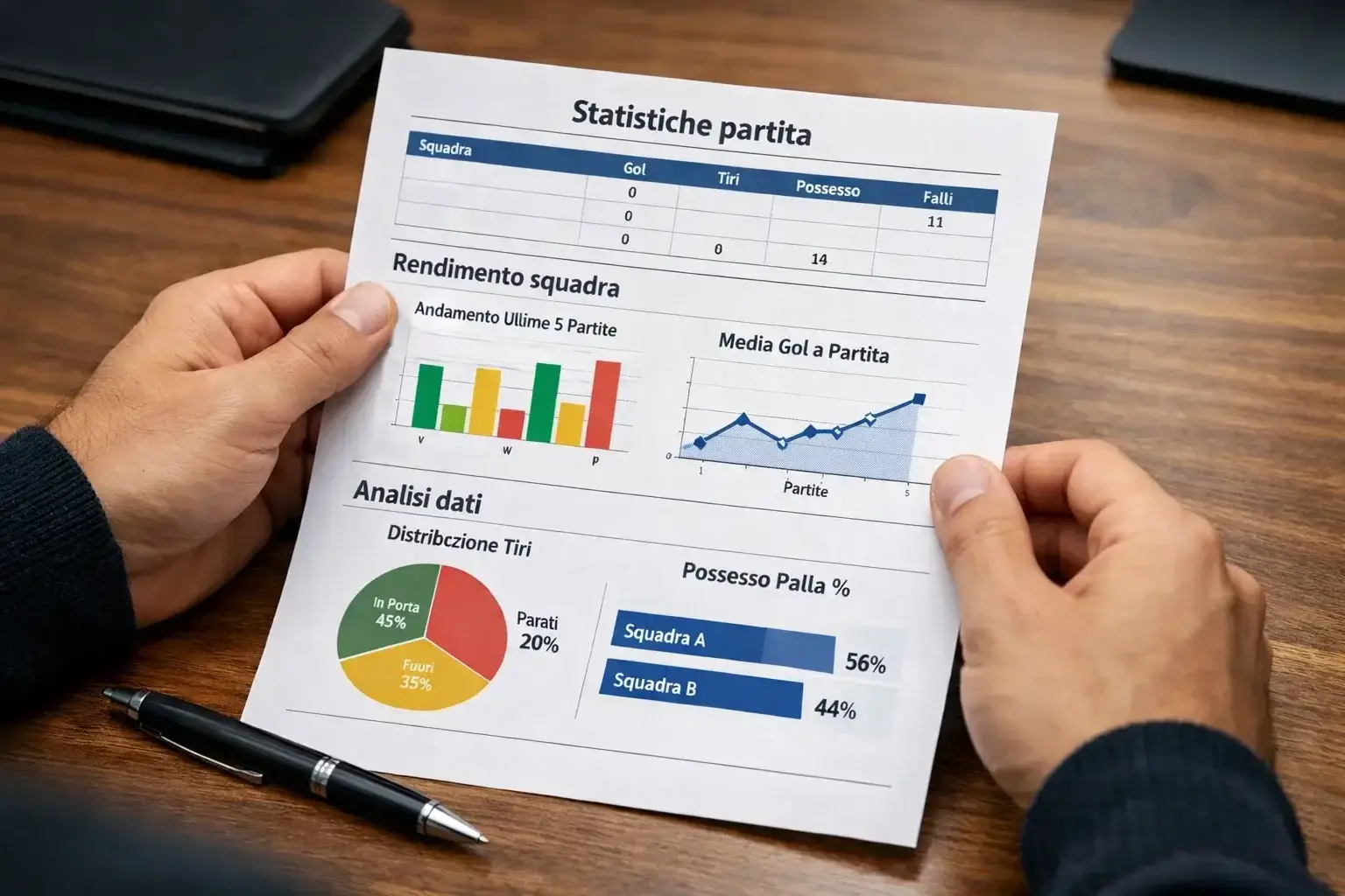 Persona che studia attentamente un documento con grafici e dati sportivi