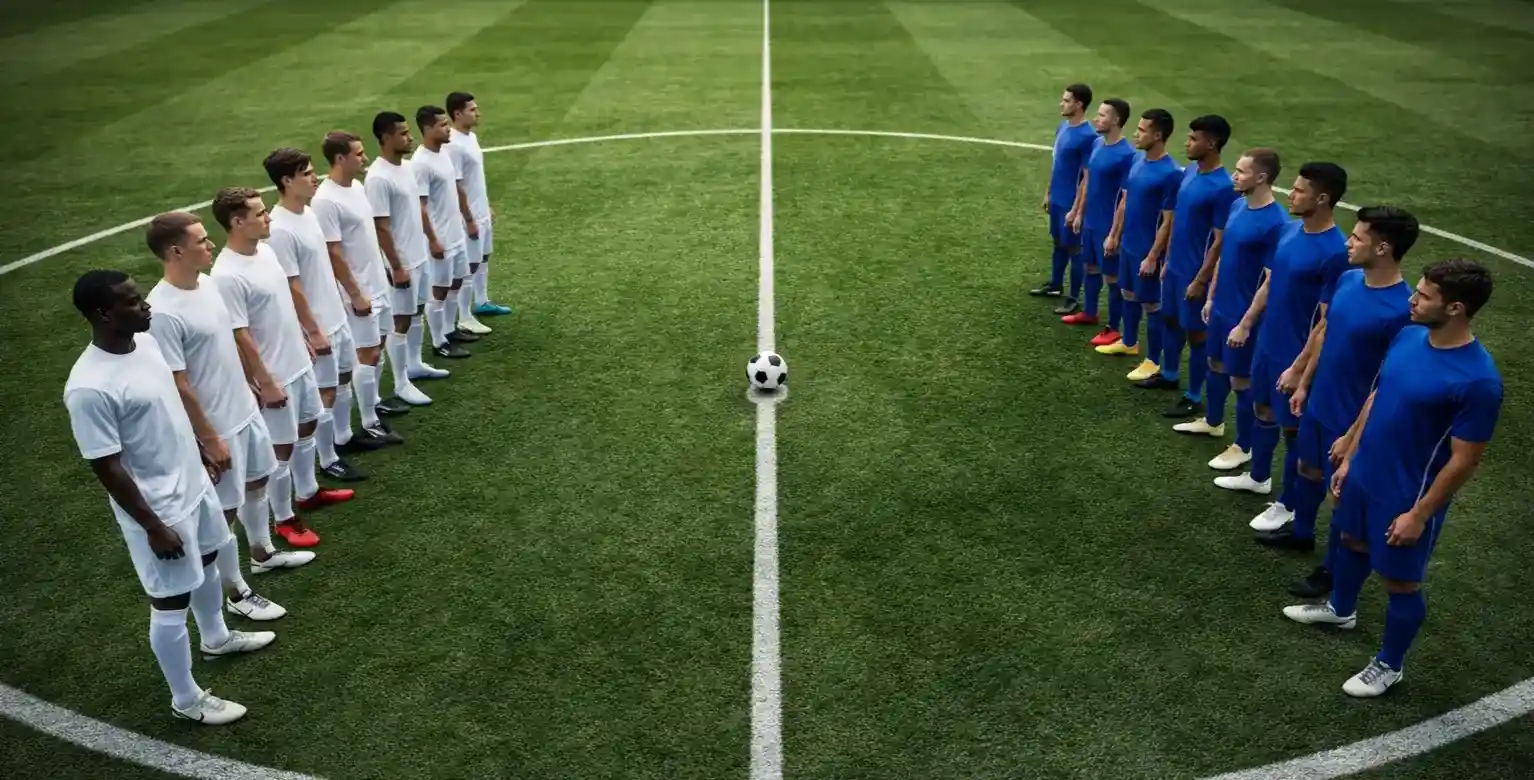 Due squadre di calcio schierate in campo prima di una partita