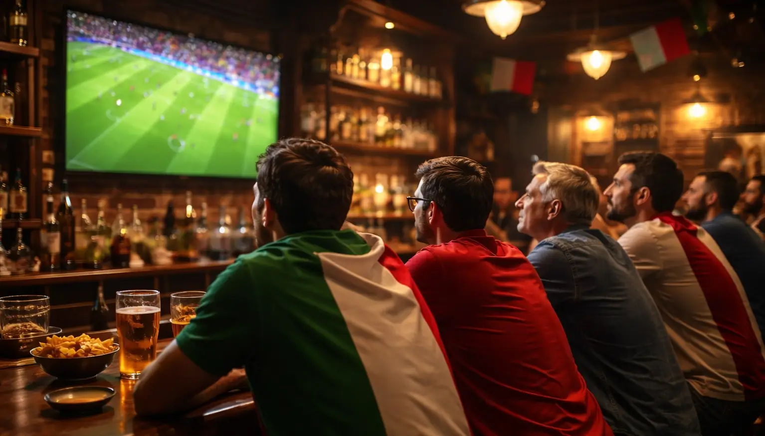 Tifosi italiani che guardano una partita di calcio in un bar