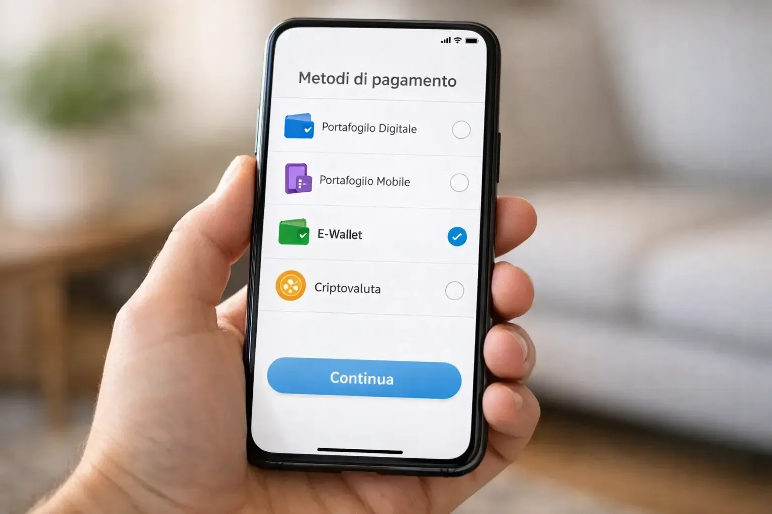 Smartphone con app di pagamento digitale e icone di portafogli elettronici