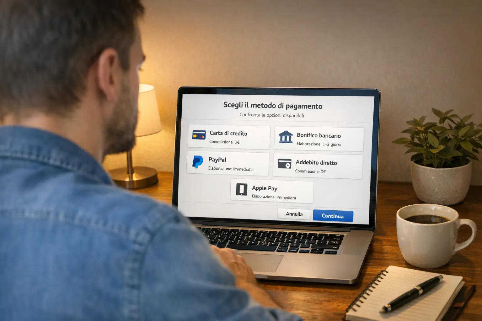 Persona che confronta opzioni di pagamento su laptop in ambiente domestico