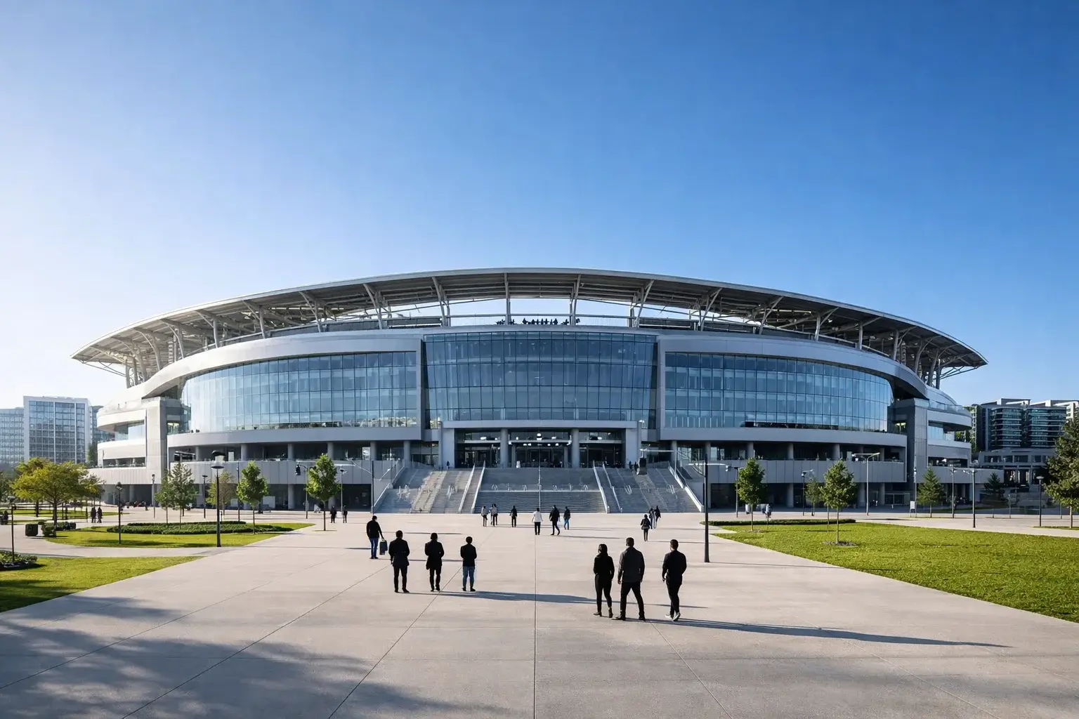 Grande stadio nordamericano moderno visto dall'esterno