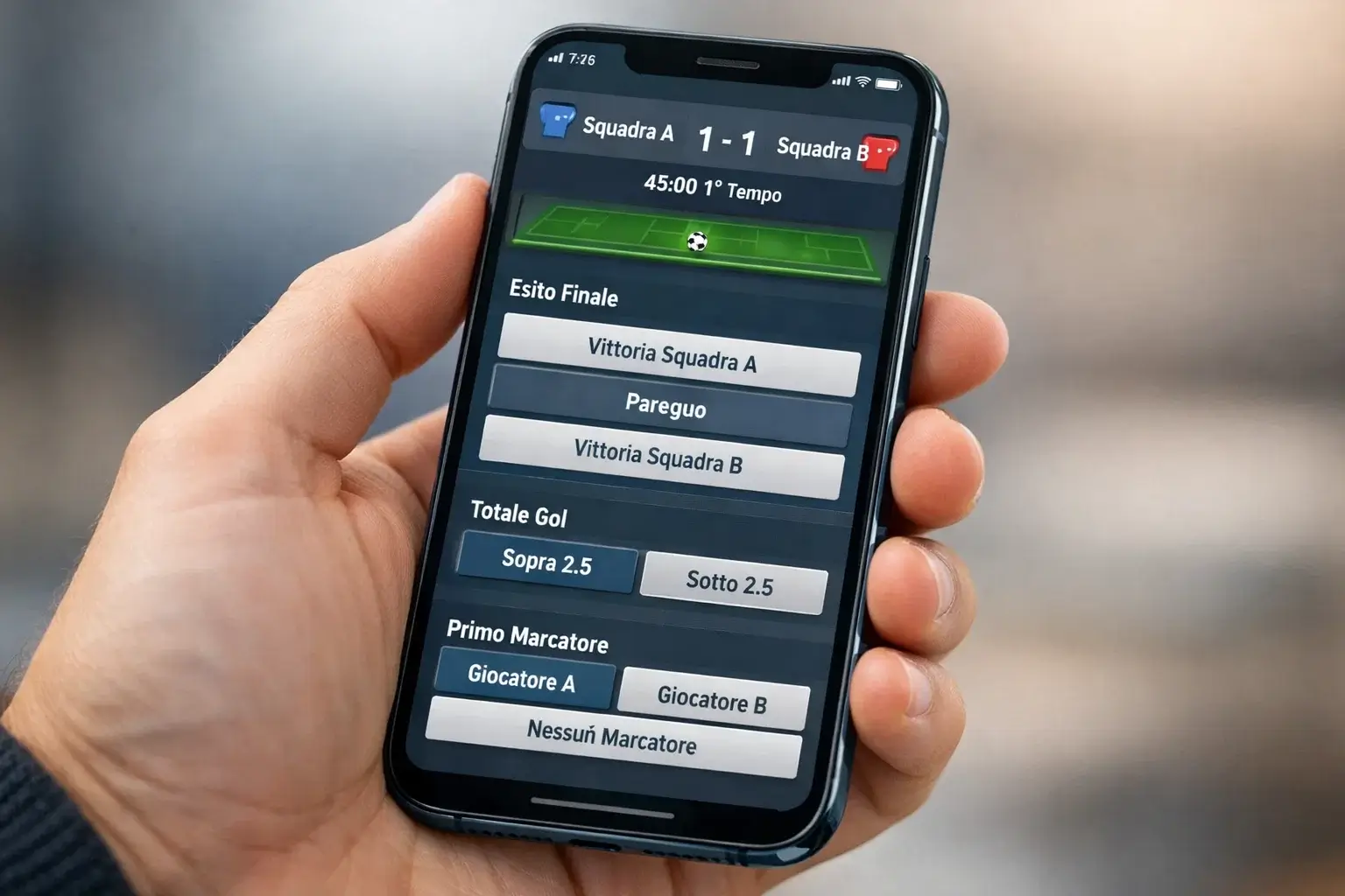 Mano che tiene uno smartphone con un'app di scommesse sportive