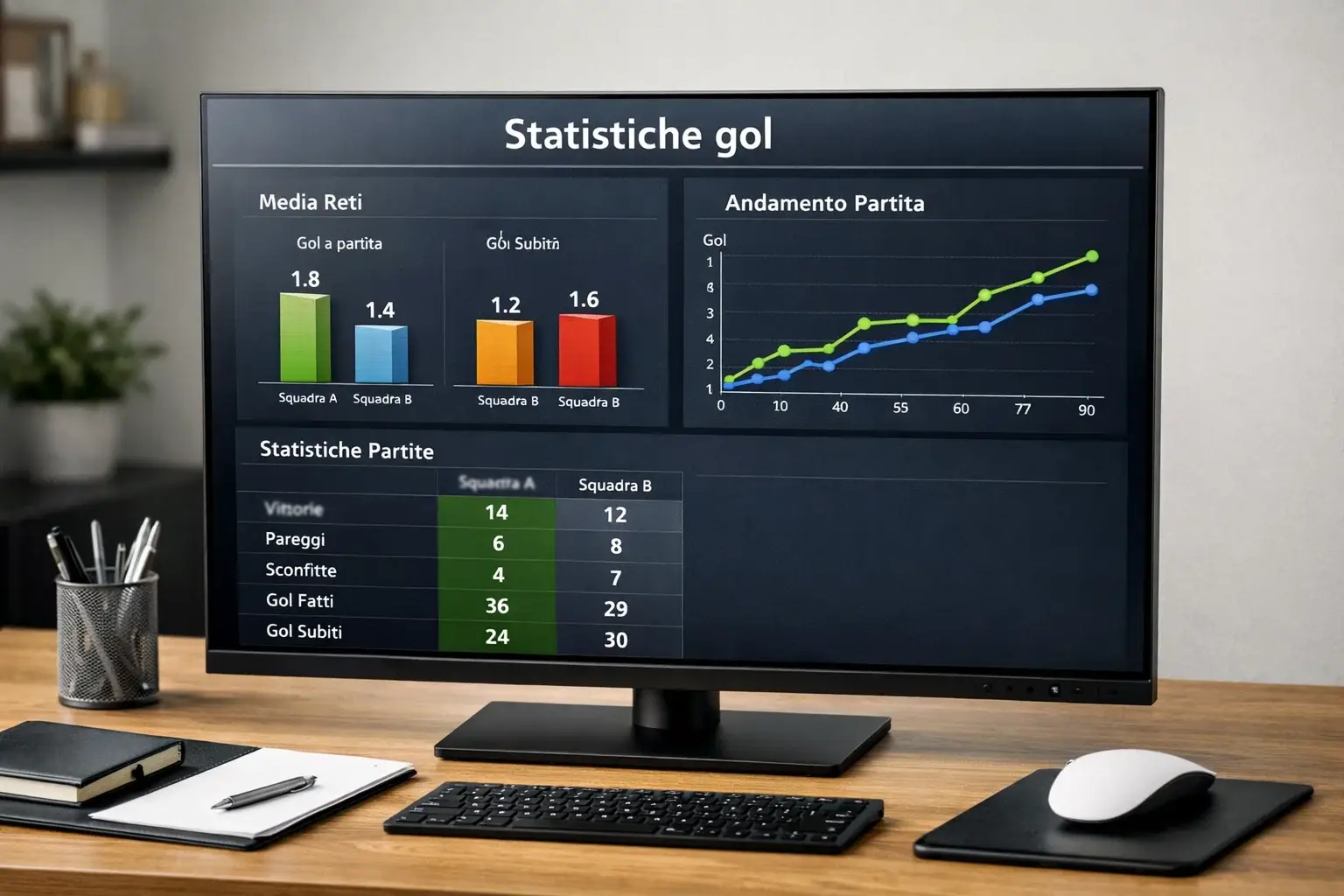 Schermo di computer che mostra grafici e statistiche di gol nel calcio
