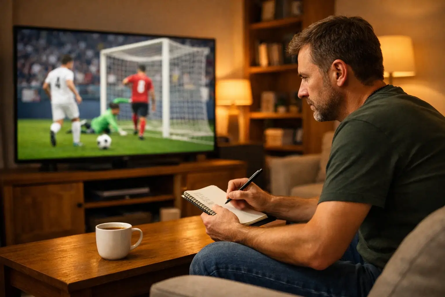 Persona che prende appunti mentre guarda una partita di calcio in televisione