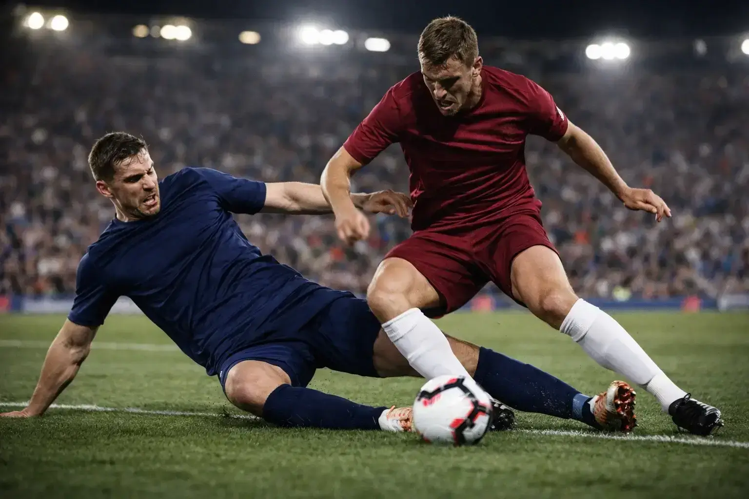 Azione di gioco durante una partita di calcio inglese con giocatori in contrasto