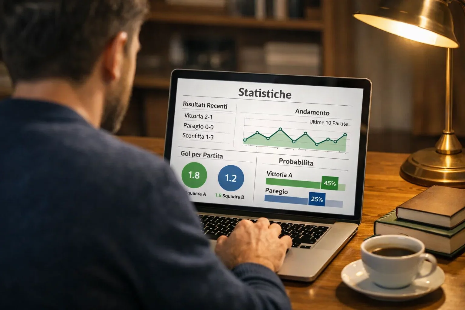 Persona che analizza dati sportivi su un laptop in un ambiente domestico
