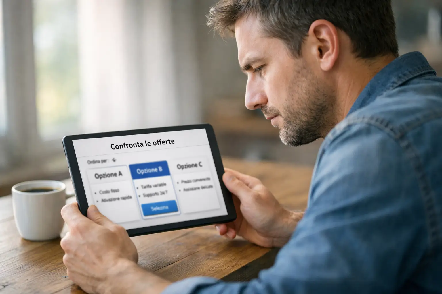 Persona concentrata che analizza informazioni su un dispositivo