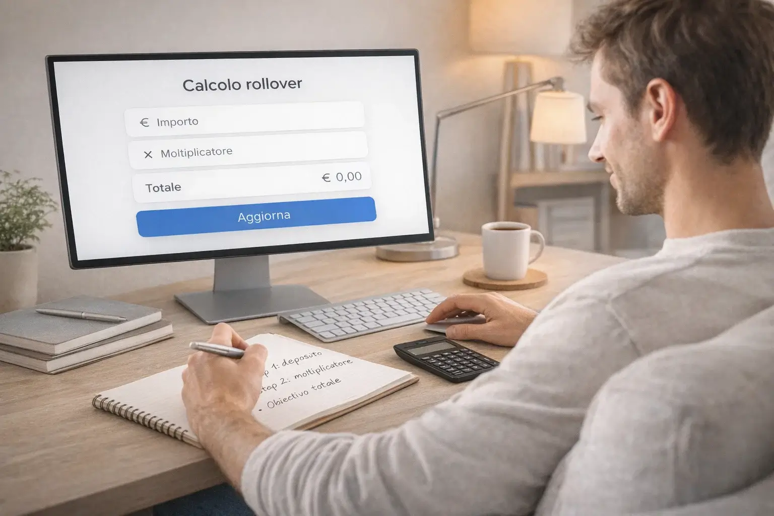 Persona che prende appunti mentre lavora al computer