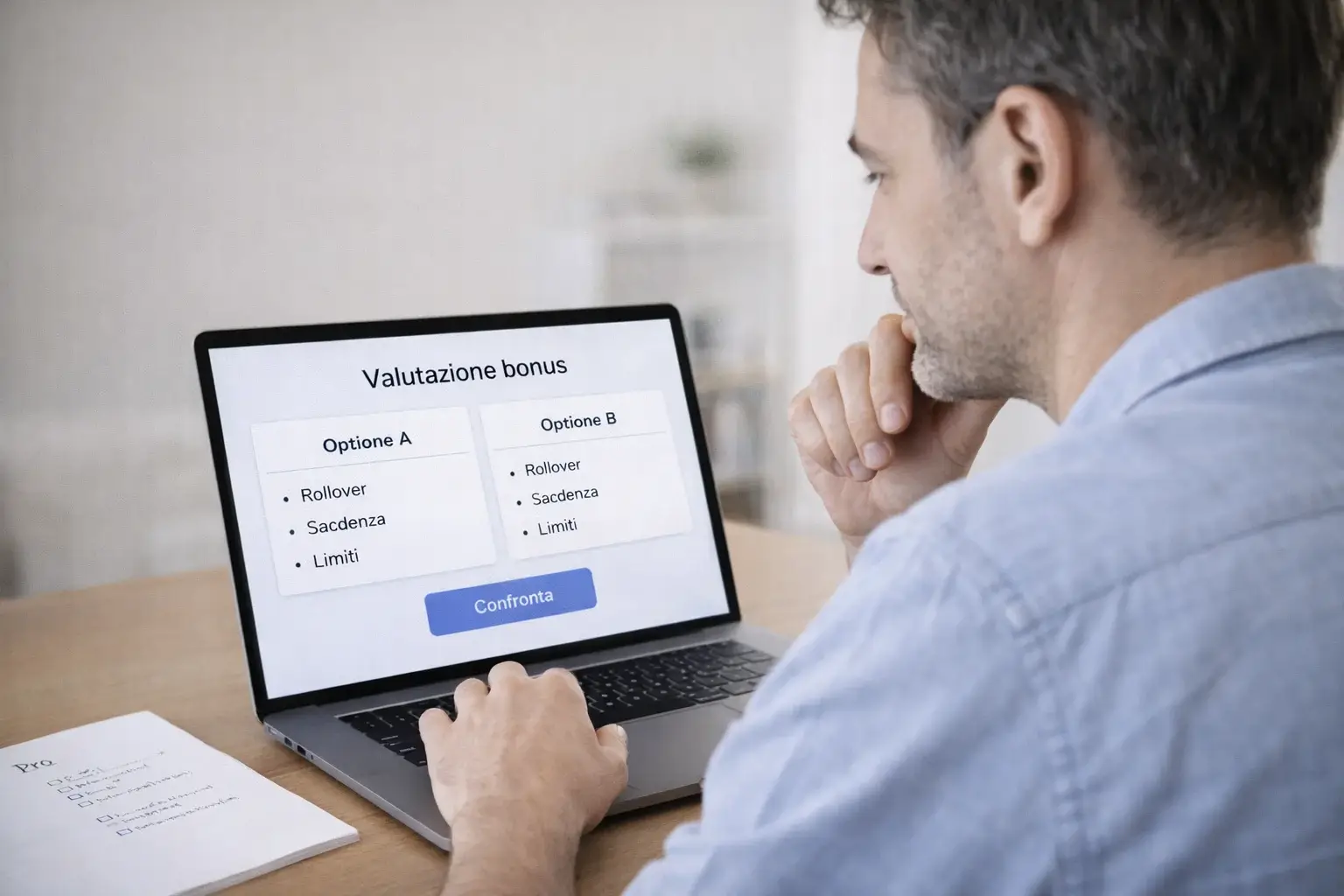 Persona pensierosa che valuta opzioni su uno schermo