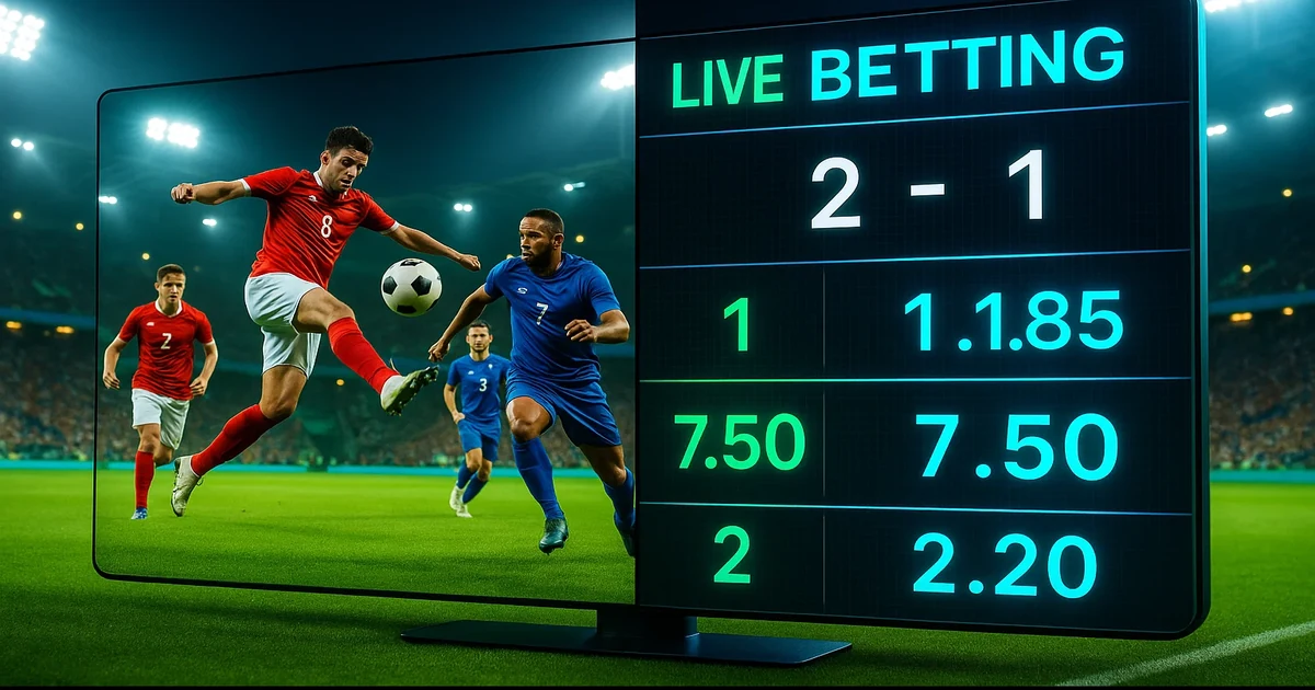 Partita di calcio in diretta su schermo con quote live e interfaccia di scommesse in tempo reale