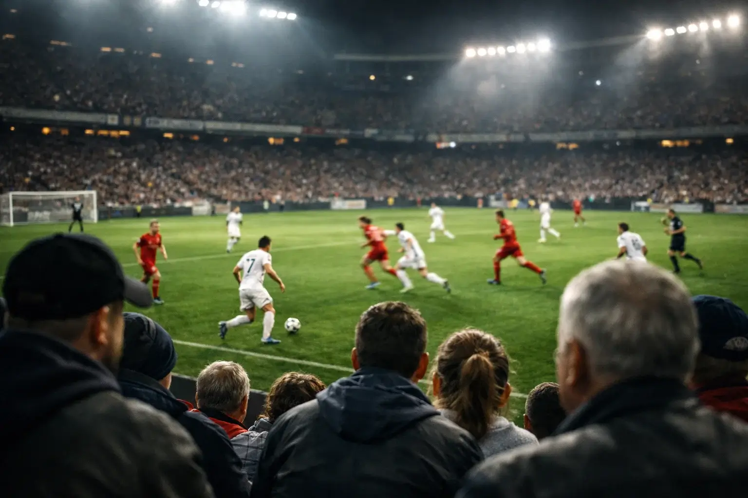Partita di calcio in corso vista dagli spalti con tifosi che guardano l'azione