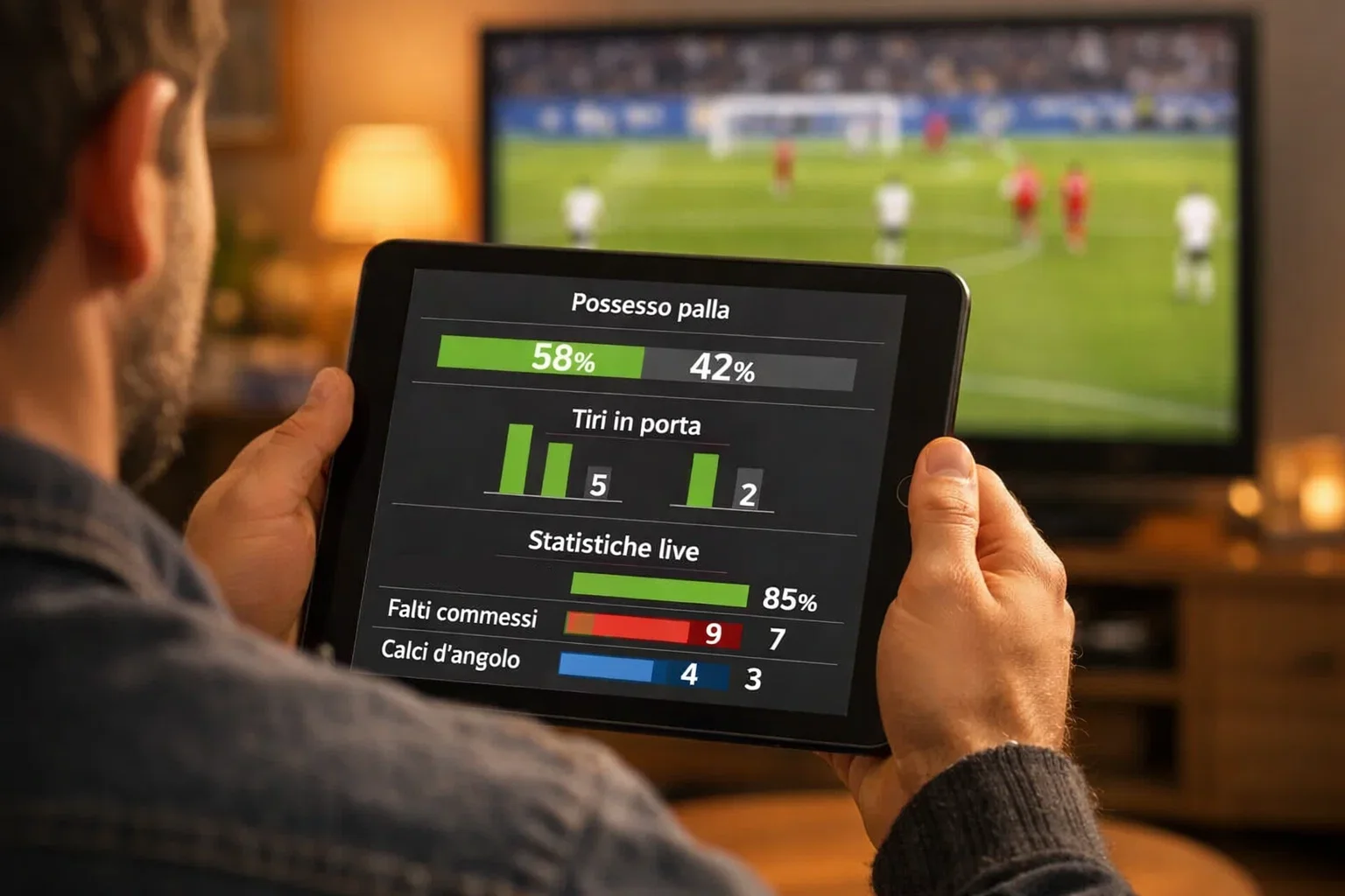 Persona che guarda una partita di calcio su tablet con statistiche in tempo reale