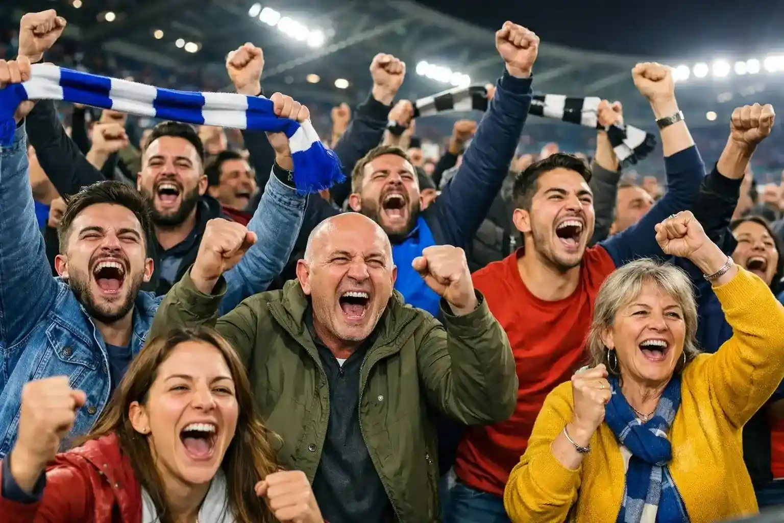 Tifosi italiani che esultano sugli spalti di uno stadio