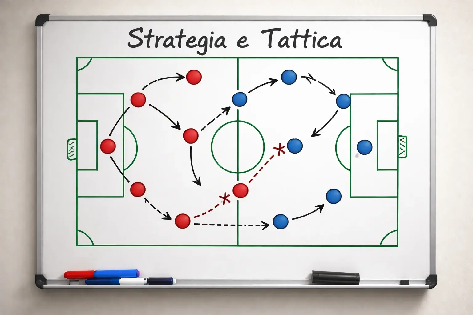 Tattica di calcio disegnata su una lavagna con schema di gioco