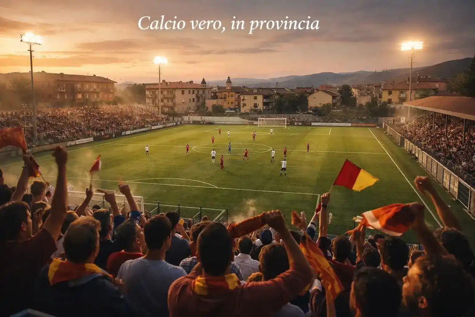Stadio di provincia italiano durante una partita di calcio