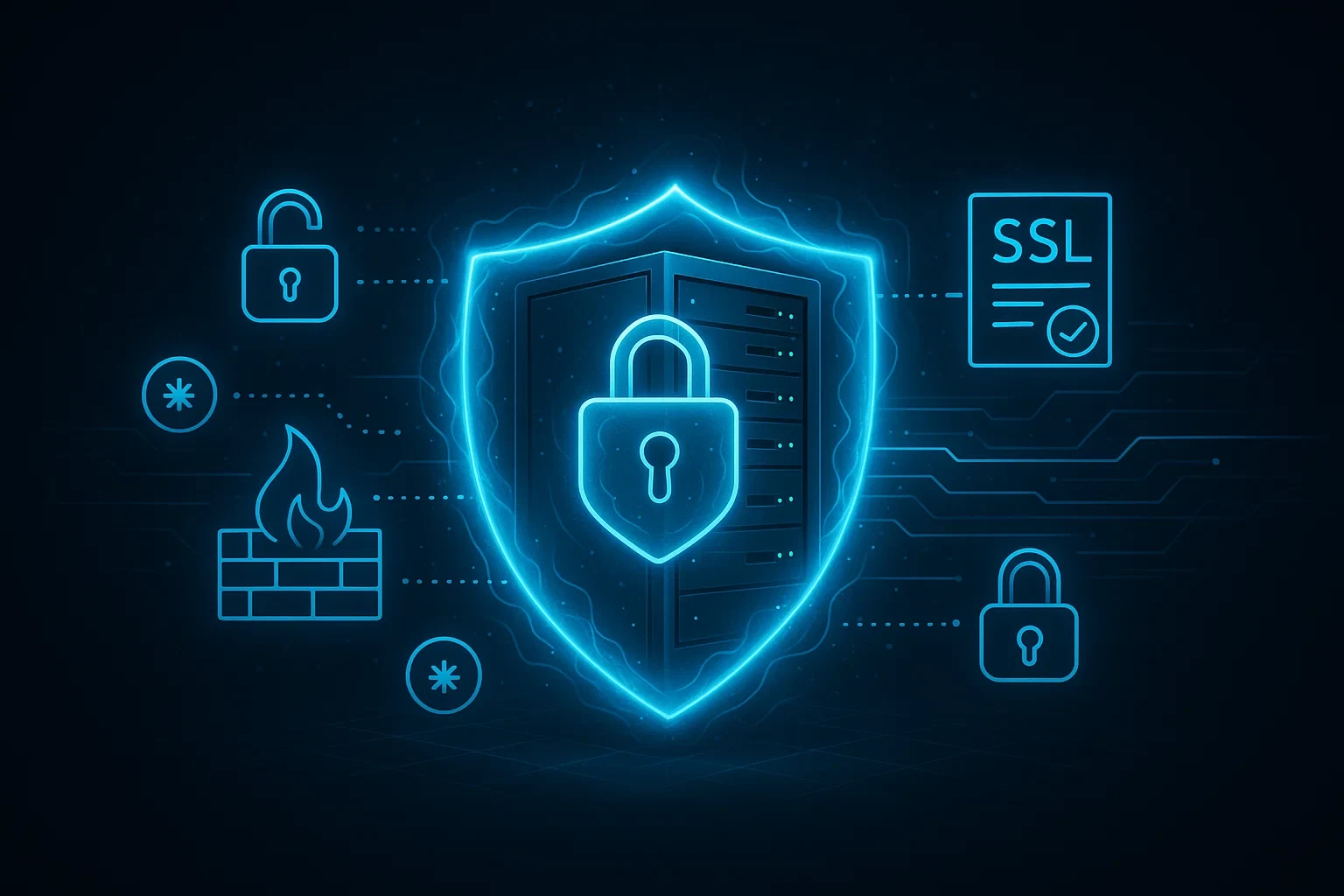 Illustrazione della sicurezza informatica con lucchetto, server protetti e crittografia