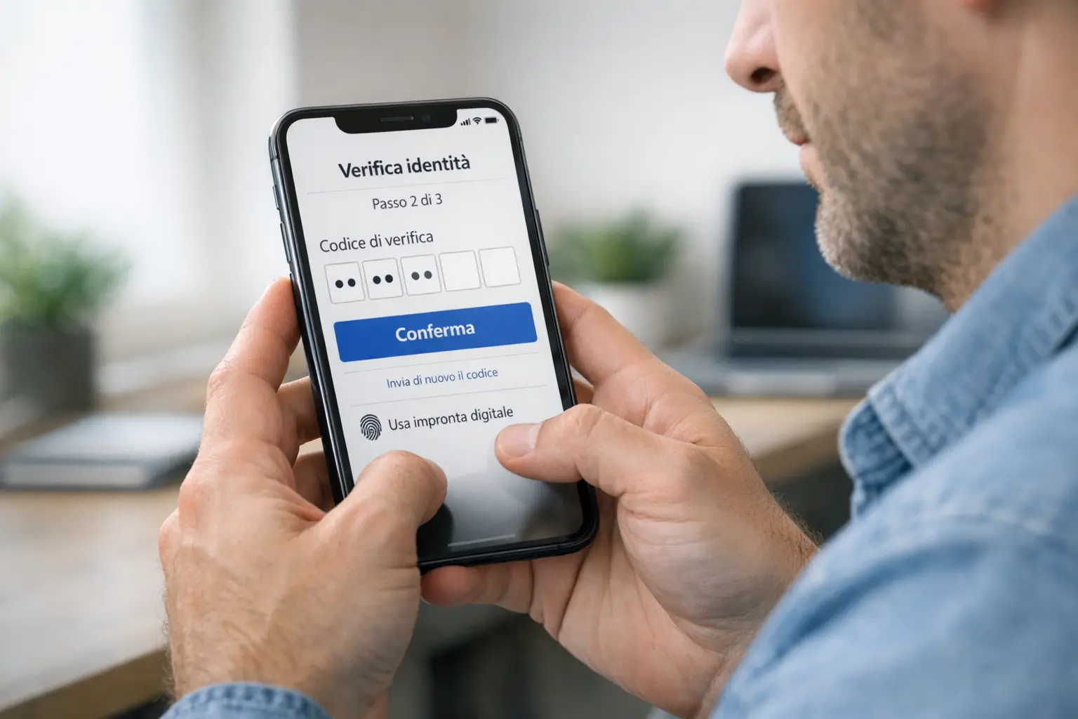 Persona che utilizza uno smartphone per autenticazione digitale