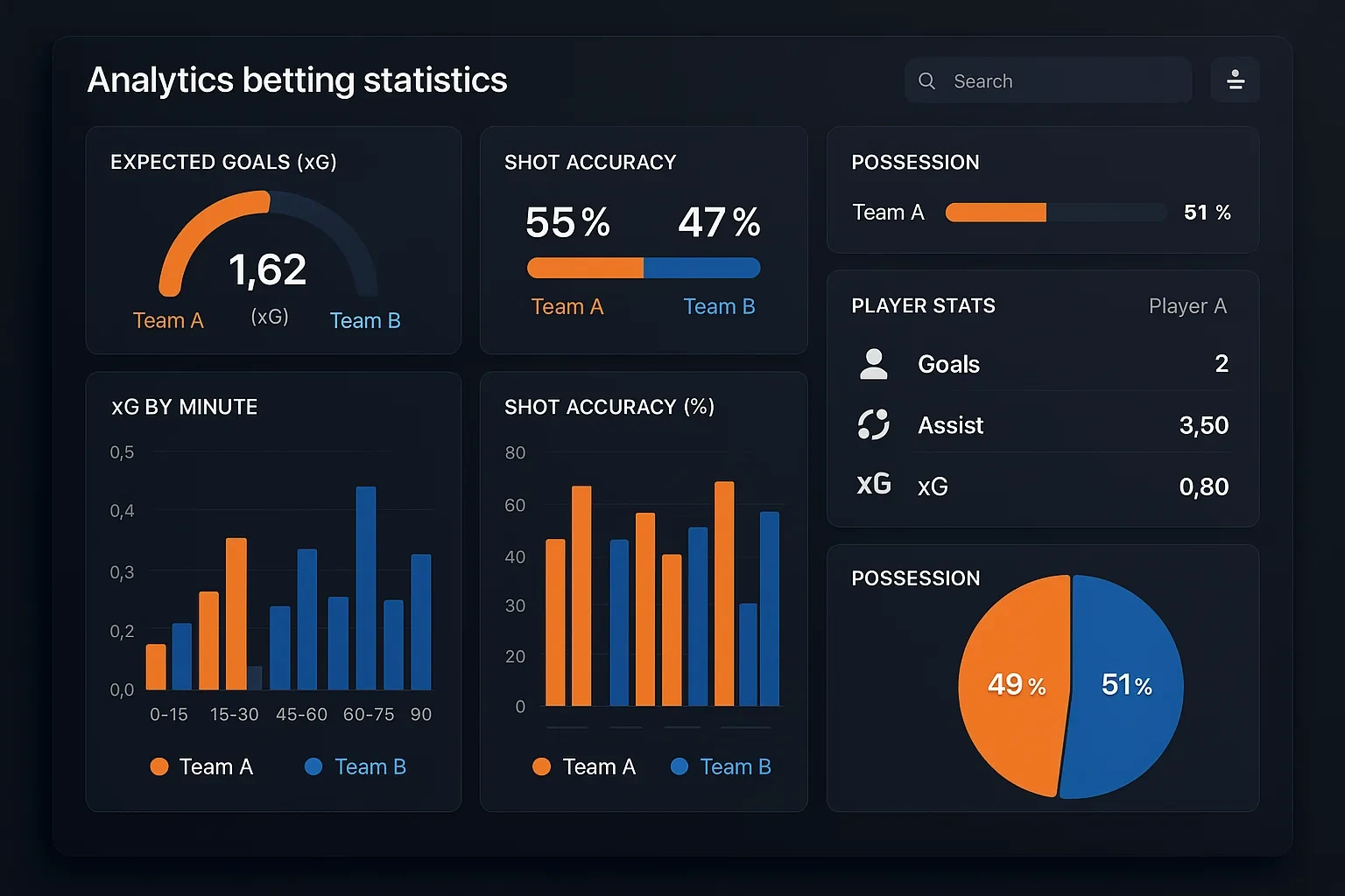 Dashboard con statistiche calcistiche, grafici e dati analitici per scommesse