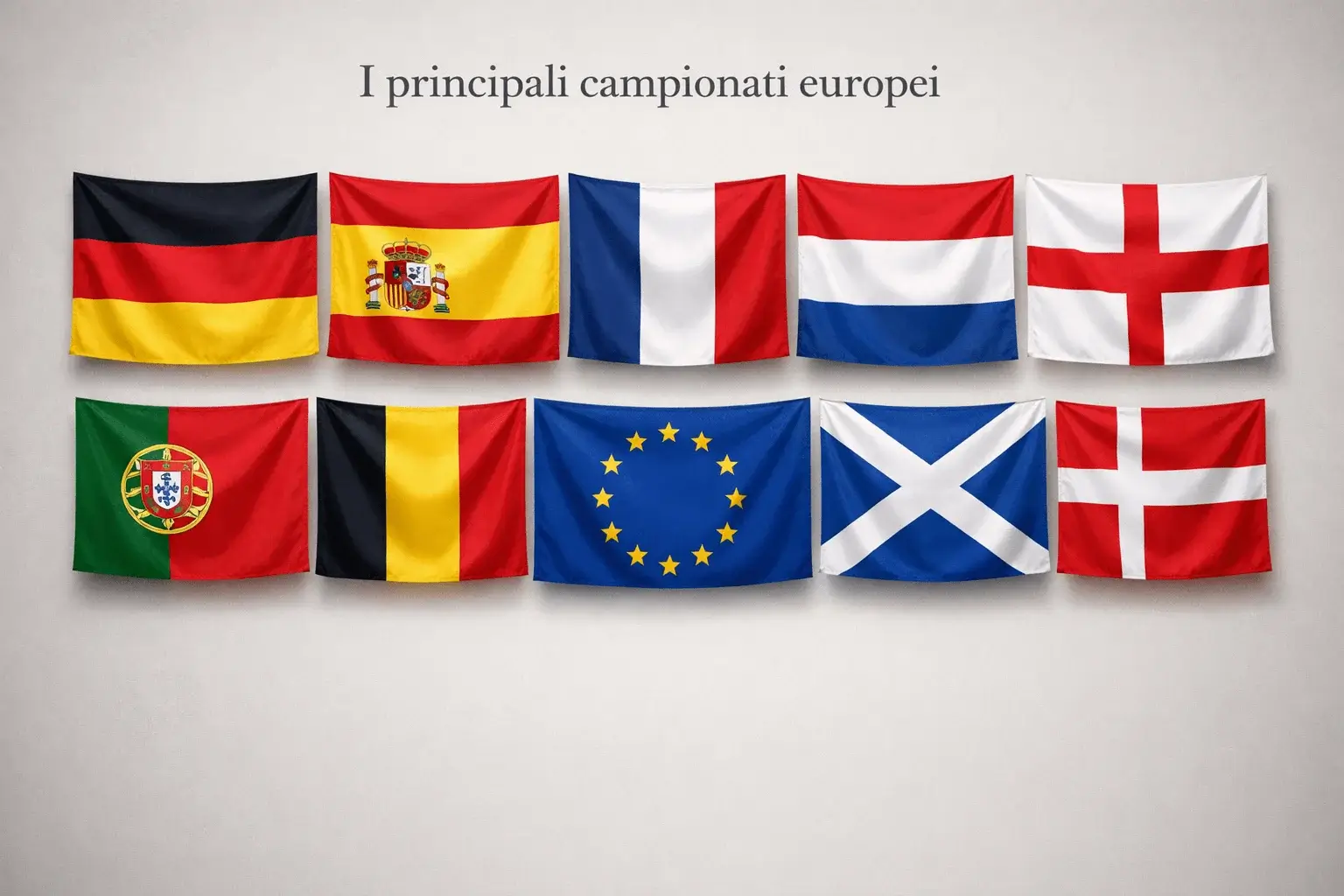 Bandiere di diversi paesi europei che rappresentano i campionati di calcio