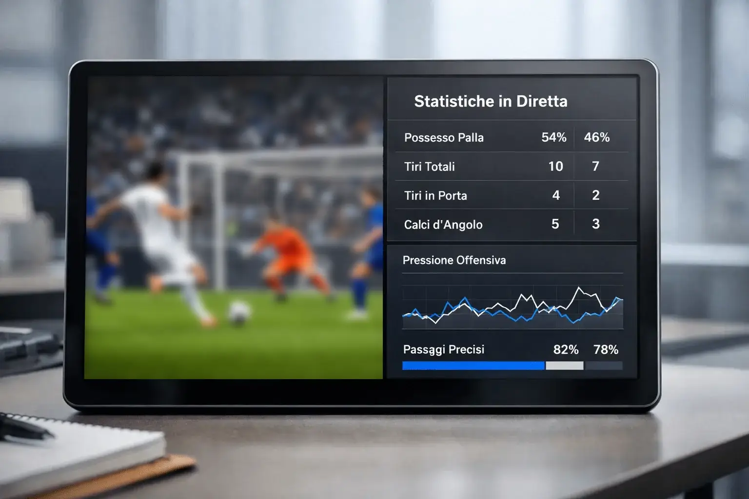 Schermo diviso che mostra una partita e statistiche in tempo reale