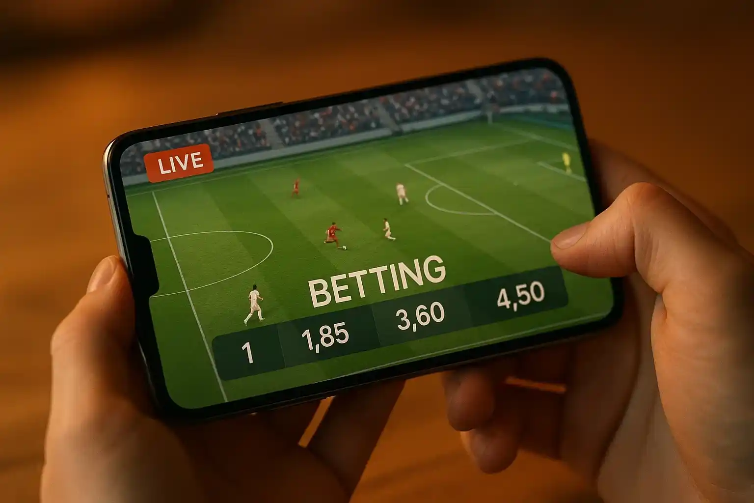 Smartphone che mostra streaming di partita di calcio con quote scommesse in overlay