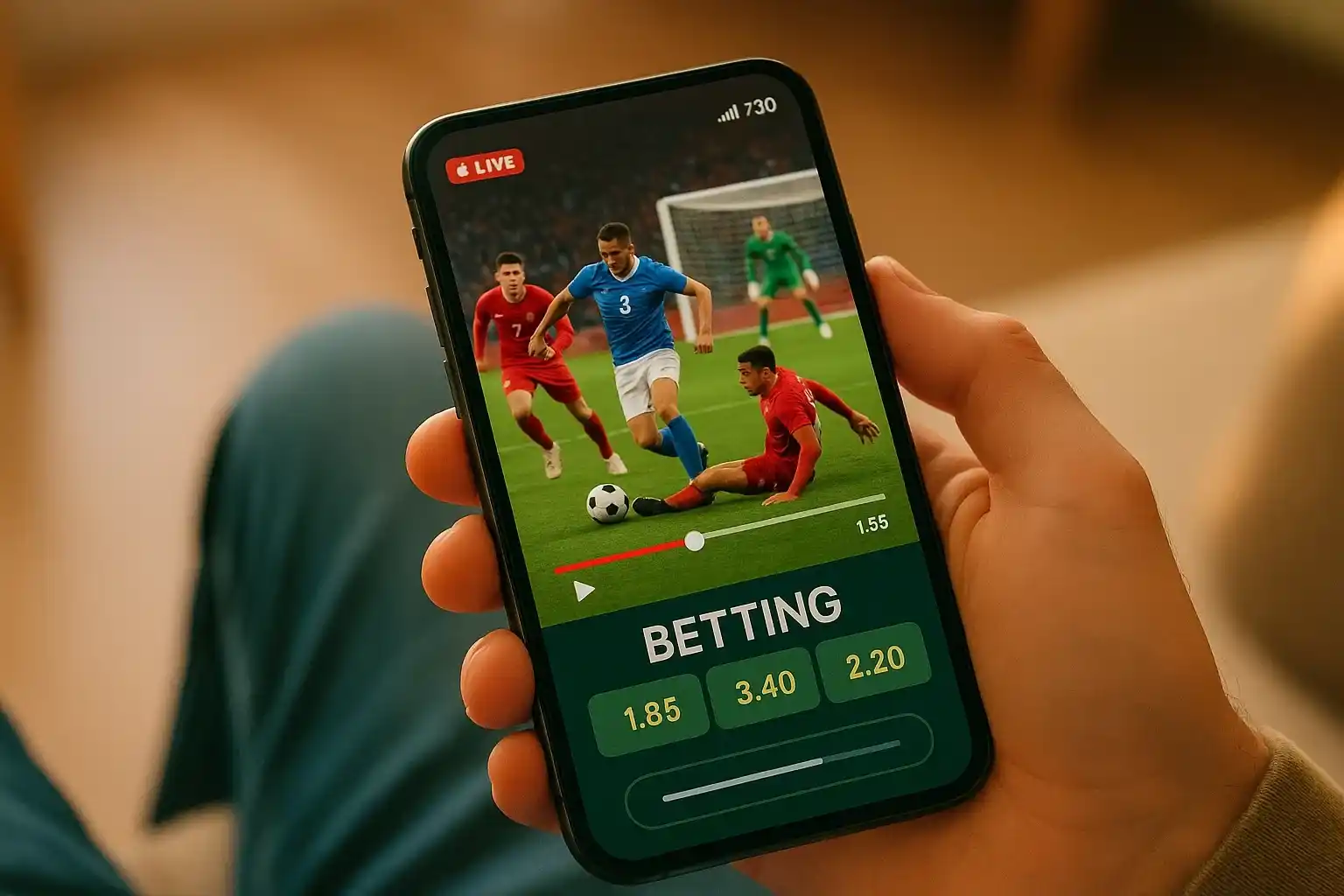 Smartphone che trasmette partita in streaming con interfaccia scommesse integrata