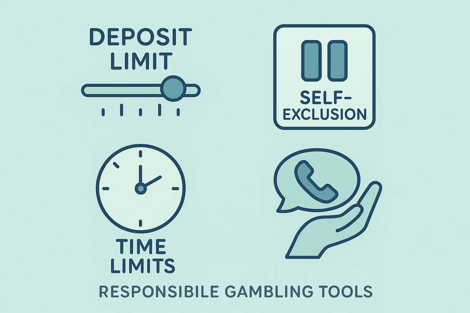 Icone degli strumenti di gioco responsabile: limiti deposito, autoesclusione, pausa