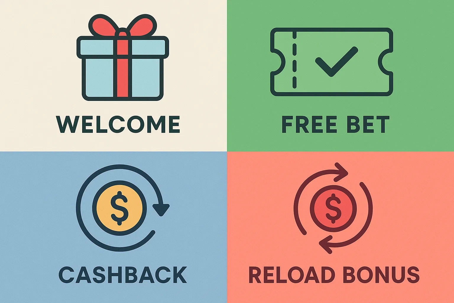 Icone delle diverse tipologie di bonus: benvenuto, free bet, cashback, ricarica