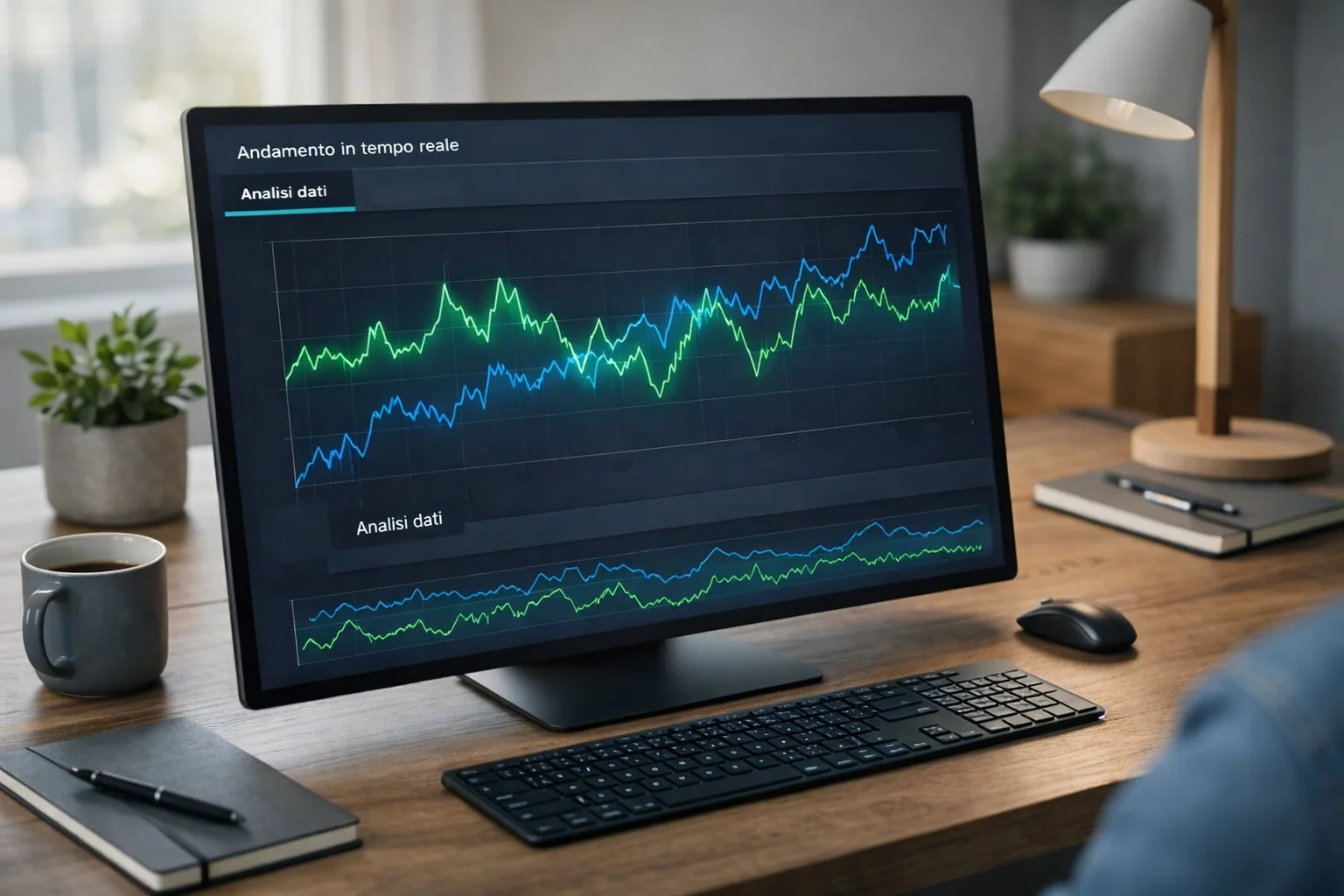 Persona concentrata davanti a più monitor con dati