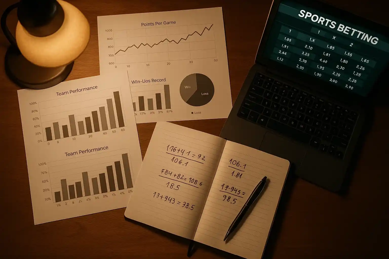 Analisi di una value bet con calcolatrice e grafici di probabilità su tavolo