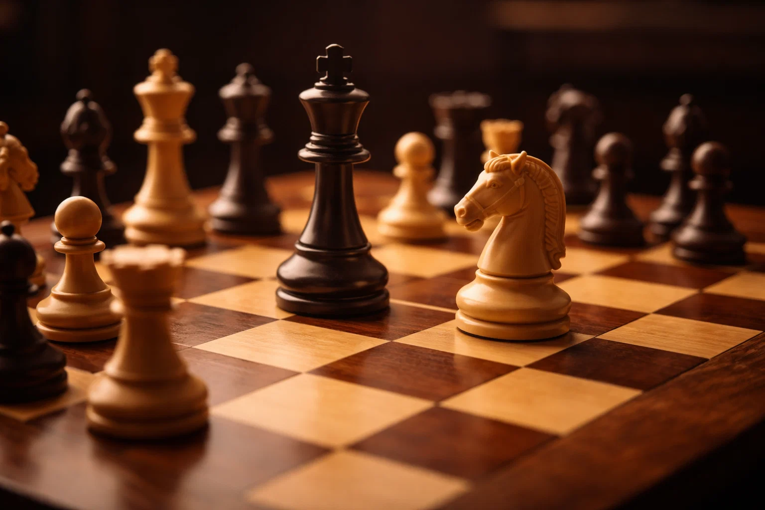 Scacchiera con pezzi posizionati strategicamente su un tavolo