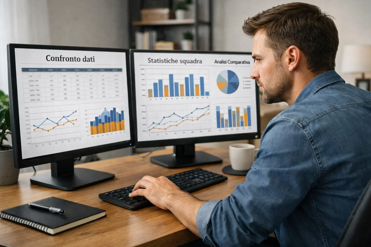 Persona che confronta dati su due schermi di computer